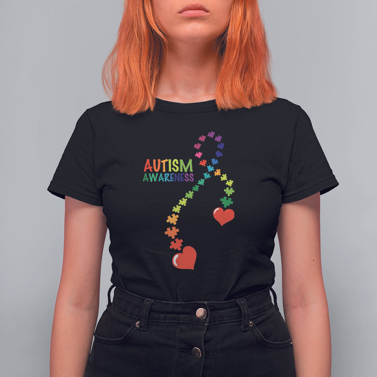 Heart Autism Awareness T Shirt For Women Puzzle Heart Ribbon Support Accept - Wonder Print Shop