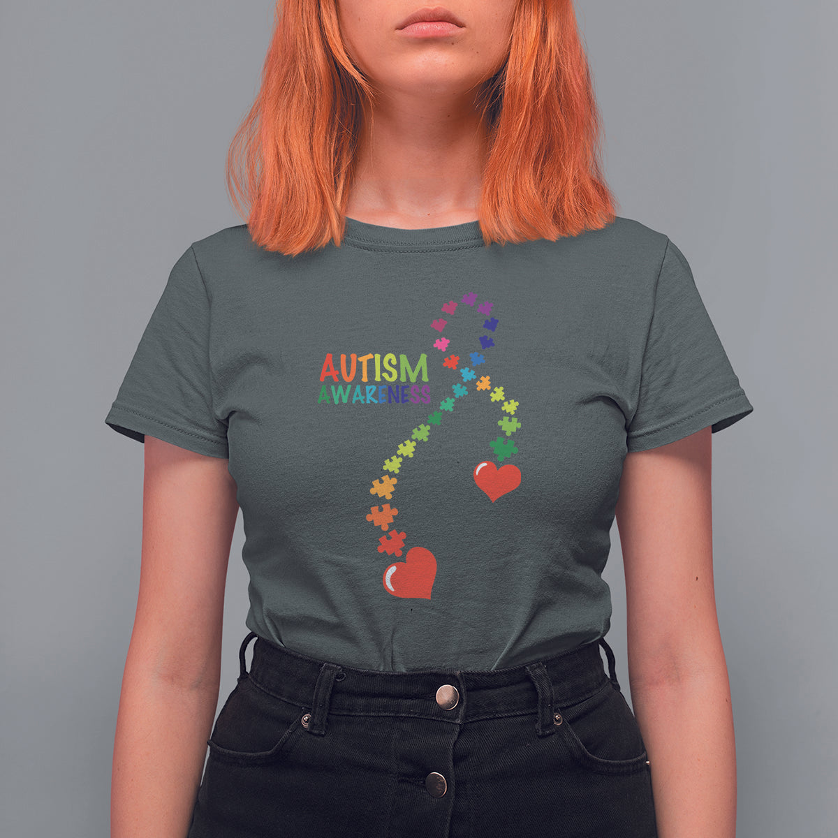 Heart Autism Awareness T Shirt For Women Puzzle Heart Ribbon Support Accept - Wonder Print Shop