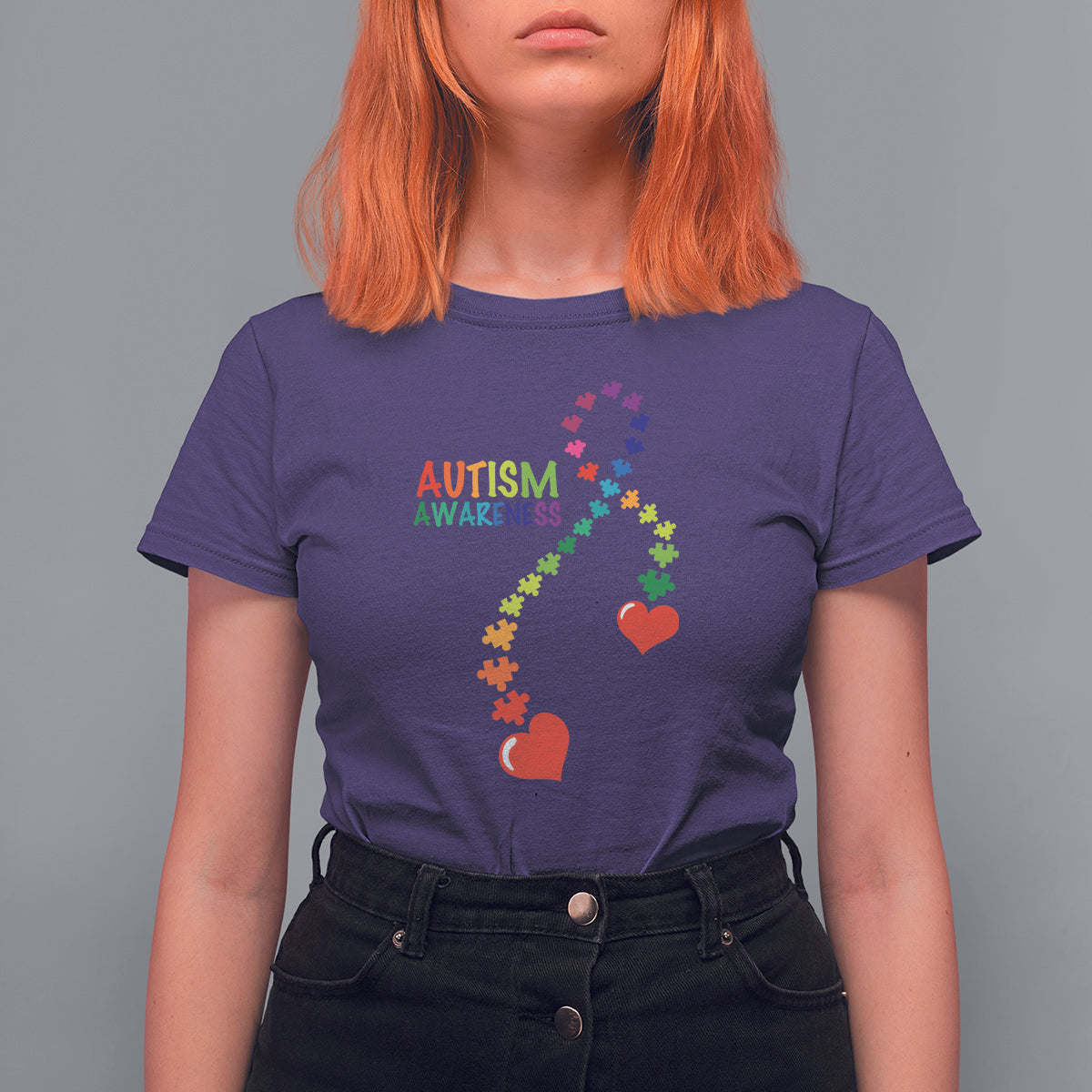 Heart Autism Awareness T Shirt For Women Puzzle Heart Ribbon Support Accept - Wonder Print Shop