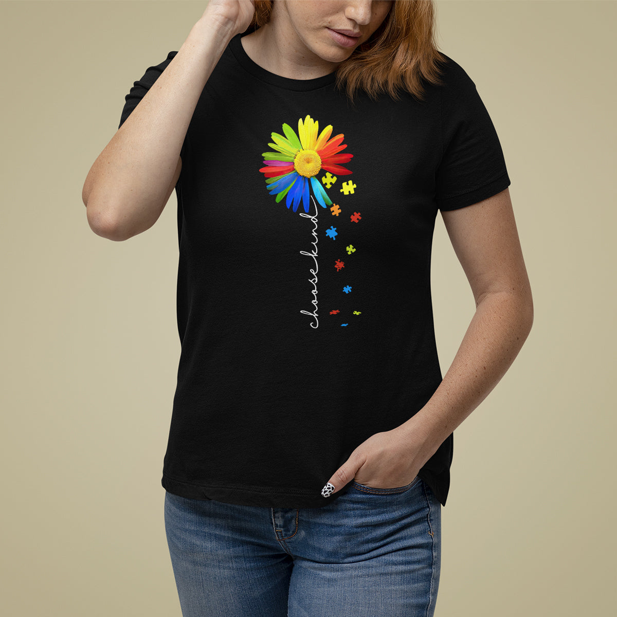 Sunflower Autism T Shirt For Women Choose Kind Rainbow Puzzle Piece - Wonder Print Shop