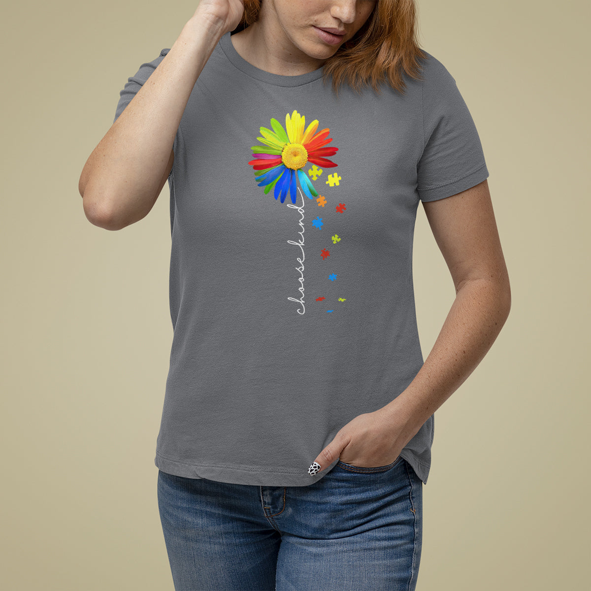 Sunflower Autism T Shirt For Women Choose Kind Rainbow Puzzle Piece - Wonder Print Shop