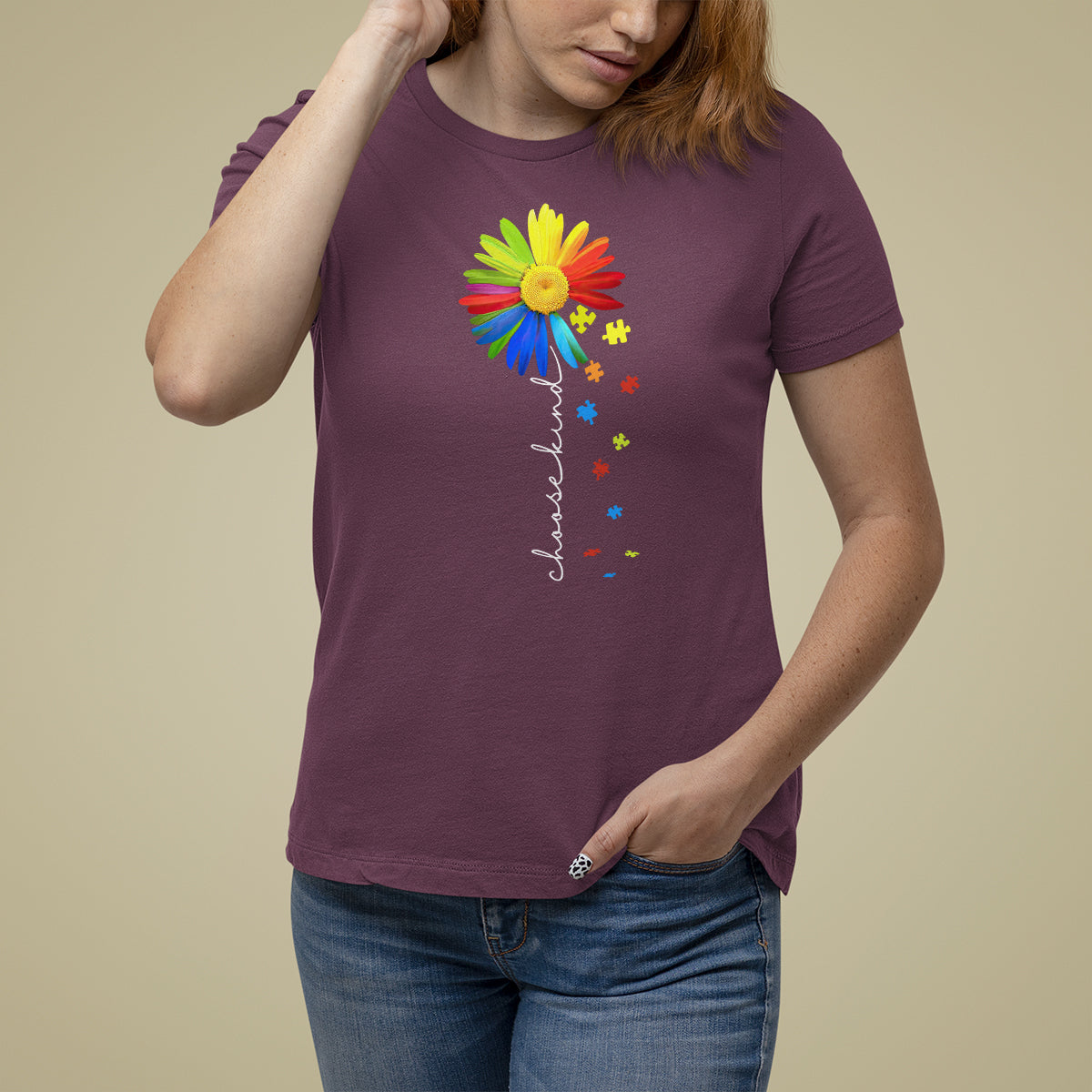 Sunflower Autism T Shirt For Women Choose Kind Rainbow Puzzle Piece - Wonder Print Shop