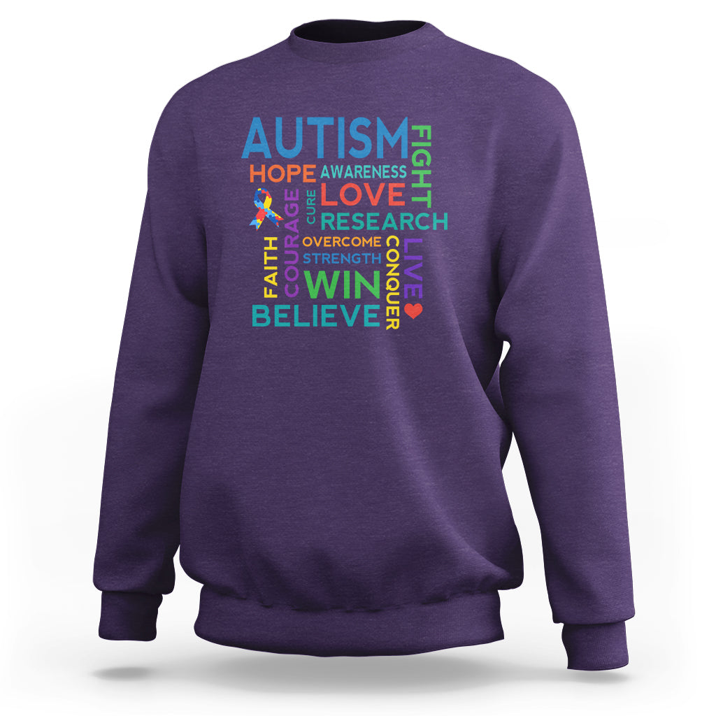 Autism Support Sweatshirt Warriors Fight Hope Love Courage Believe Win - Wonder Print Shop