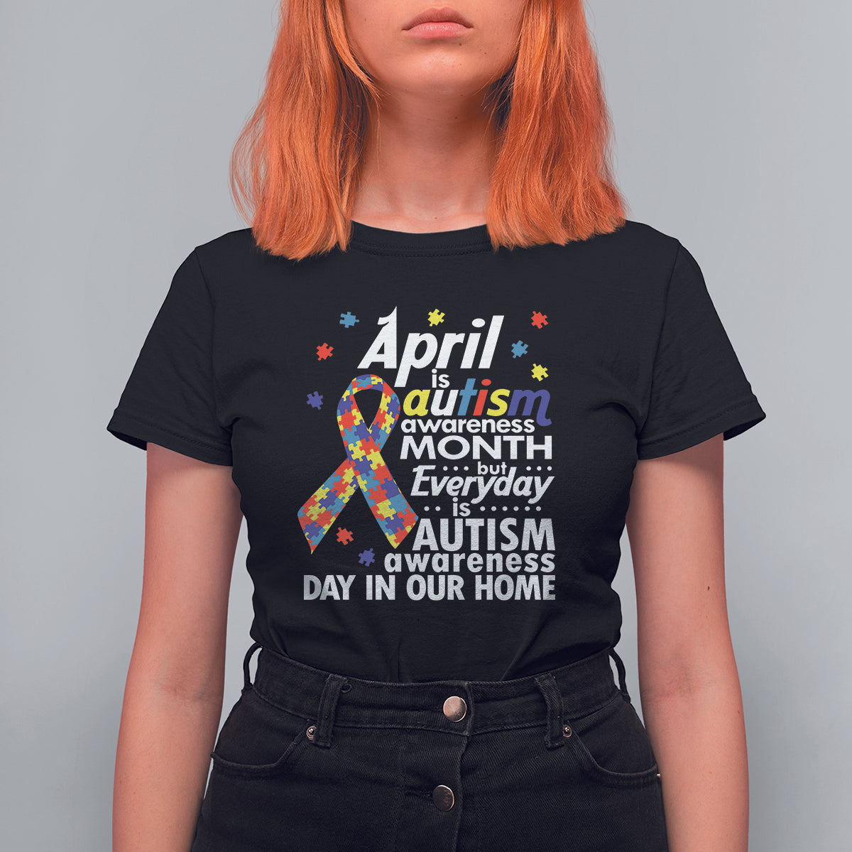 Autism Awareness T Shirt For Women Everyday In Our Home Spectrum Puzzle Ribbon - Wonder Print Shop