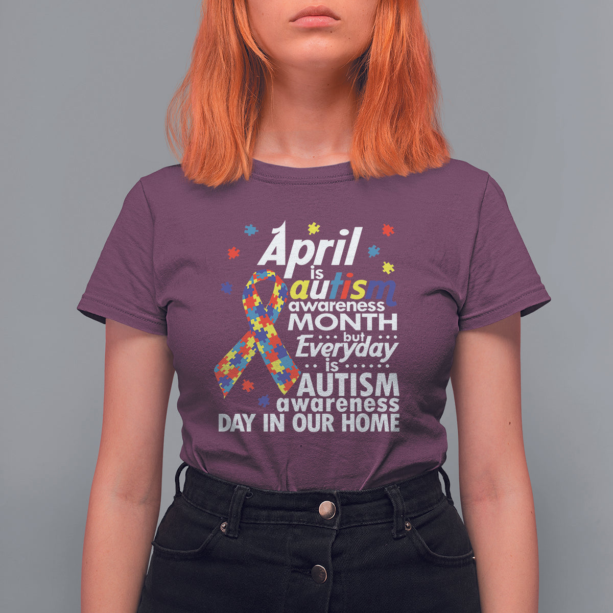 Autism Awareness T Shirt For Women Everyday In Our Home Spectrum Puzzle Ribbon - Wonder Print Shop