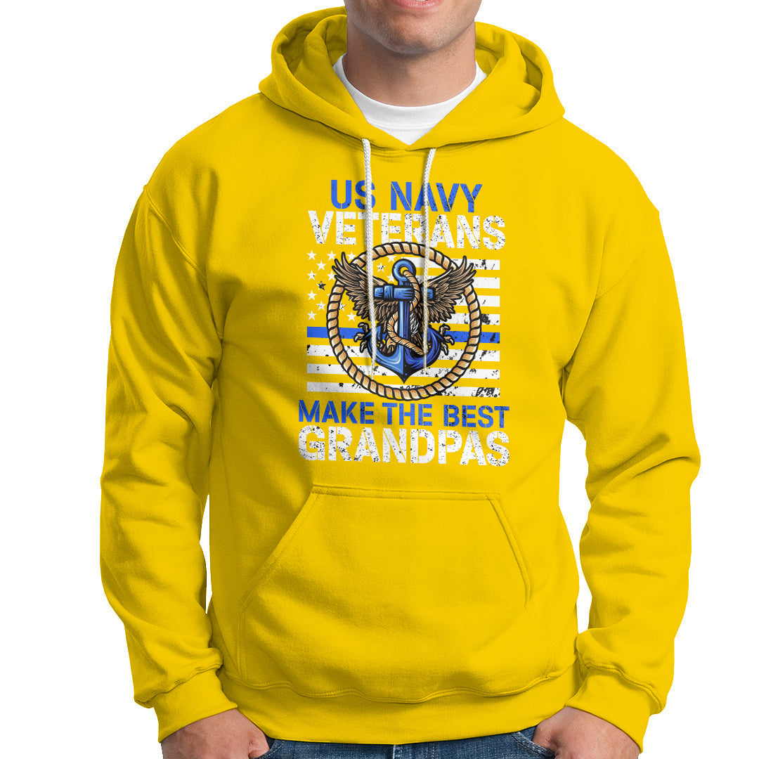 Men's daisy yellow pullover hoodie with front pocket and US Navy veterans graphic
