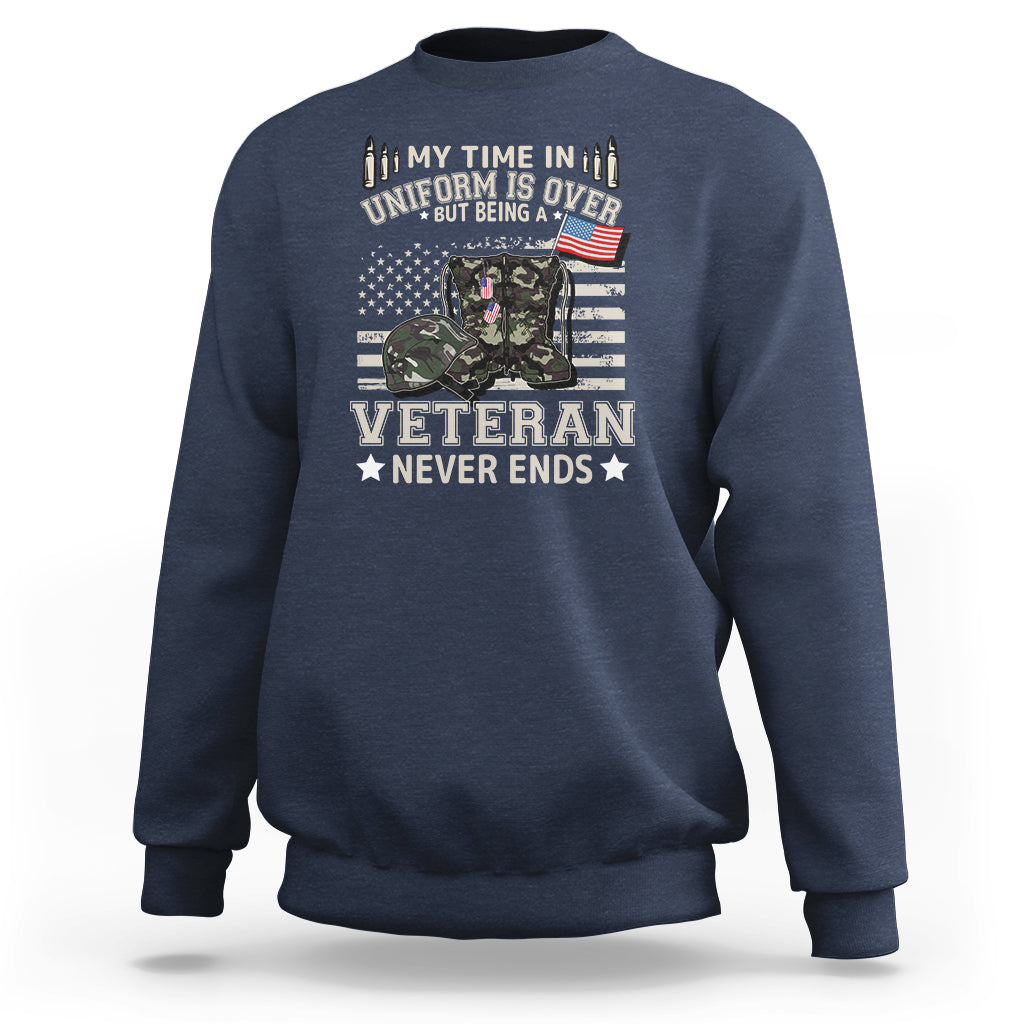 Navy blue sweatshirt with Veteran Never Ends graphic on front