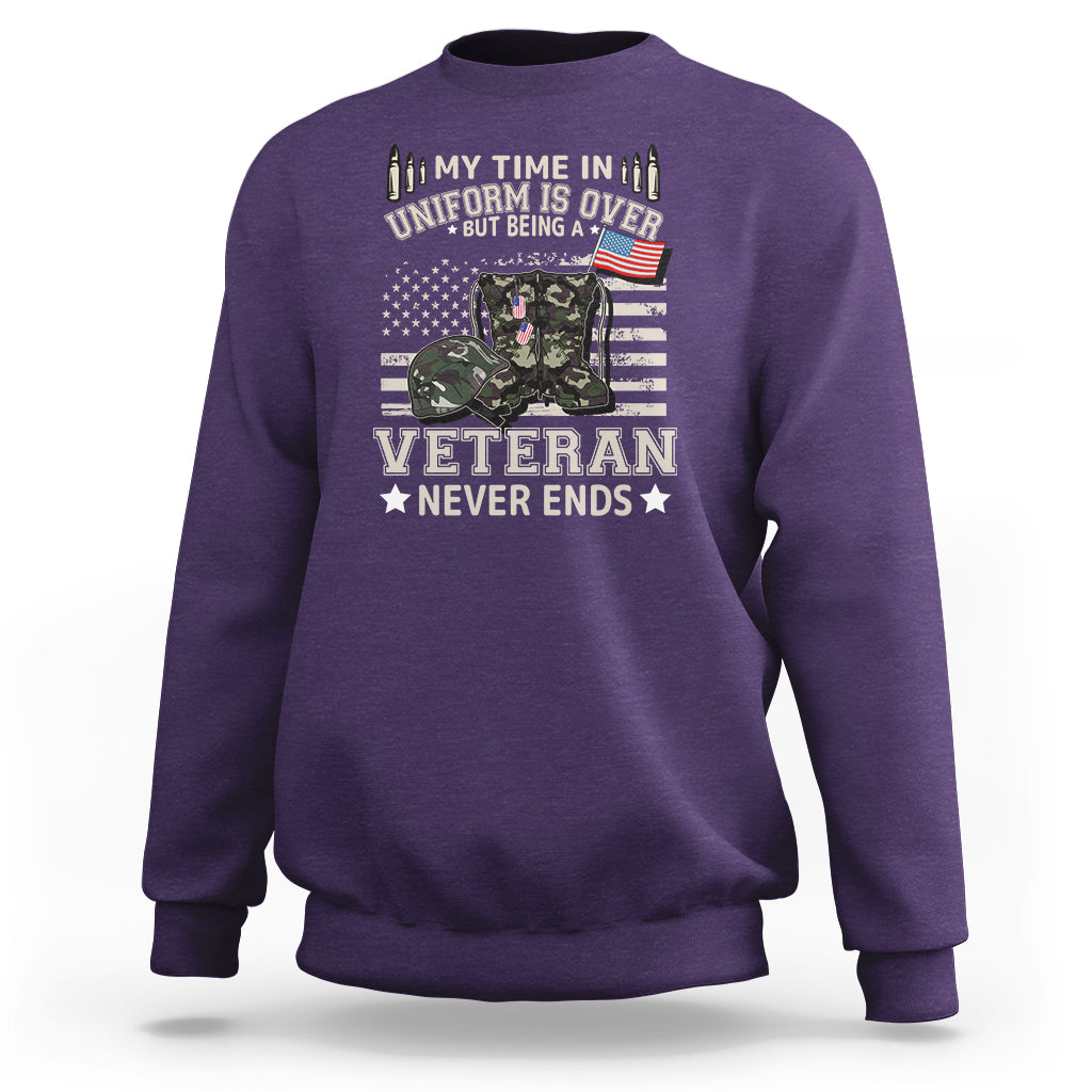 Purple sweatshirt with Veteran Never Ends graphic on front