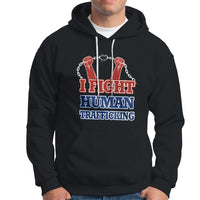 Black pullover hoodie with 'I FIGHT HUMAN TRAFFICKING' front graphic and chain hands