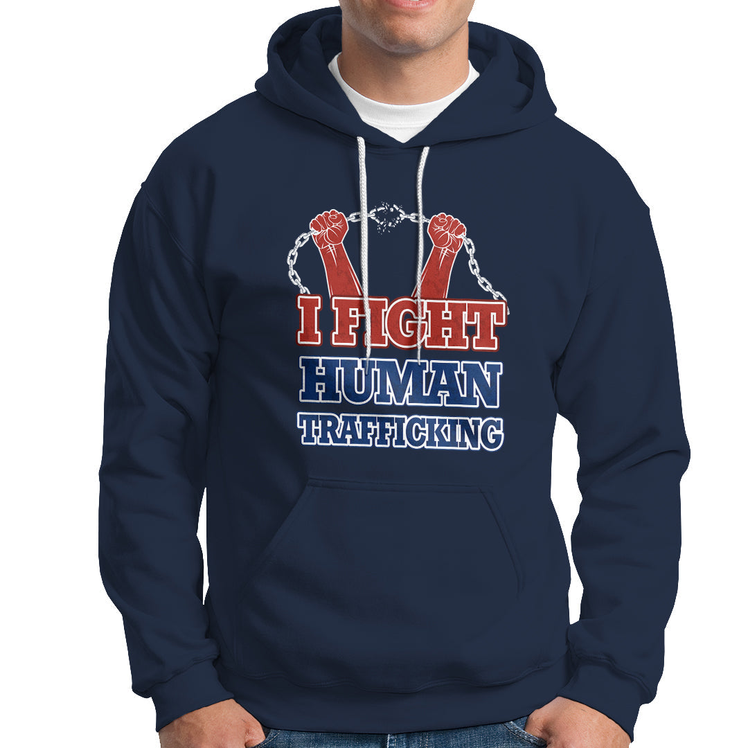 Navy pullover hoodie with 'I FIGHT HUMAN TRAFFICKING' front graphic and chain hands