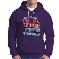 Purple pullover hoodie with 'I FIGHT HUMAN TRAFFICKING' front graphic and chain hands