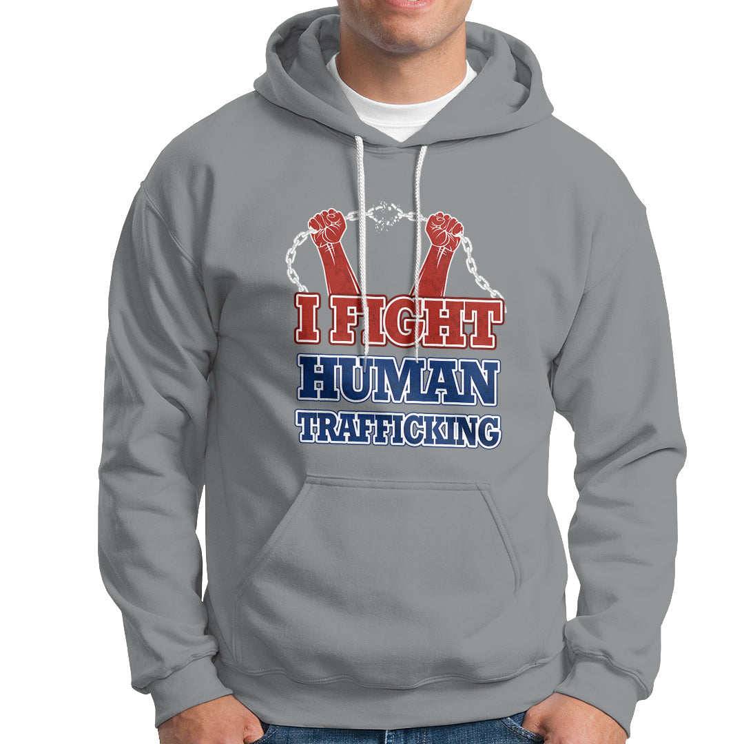Sport gray pullover hoodie with 'I FIGHT HUMAN TRAFFICKING' front graphic and chain hands