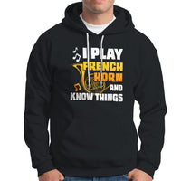 Men's black hoodie with front French horn and 'Know Things' graphic.