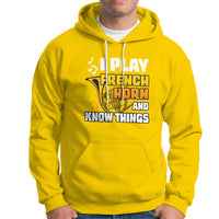 Men's daisy yellow hoodie with front French horn and 'Know Things' graphic.
