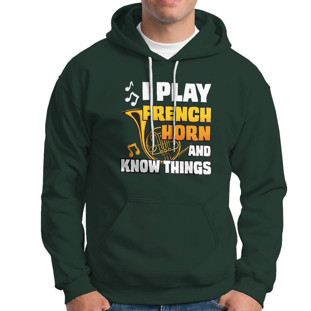 Men's dark forest green hoodie with front French horn and 'Know Things' graphic.