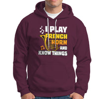 Men's maroon hoodie with front French horn and 'Know Things' graphic.