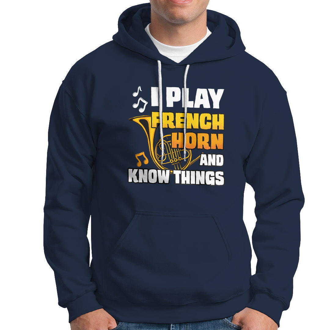 Men's navy hoodie with front French horn and 'Know Things' graphic.