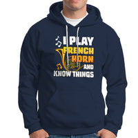 Men's navy hoodie with front French horn and 'Know Things' graphic.