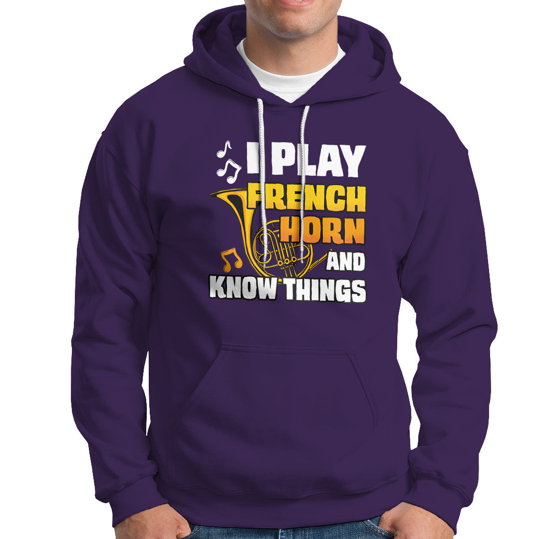 Men's purple hoodie with front French horn and 'Know Things' graphic.