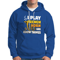 Men's royal blue hoodie with front French horn and 'Know Things' graphic.