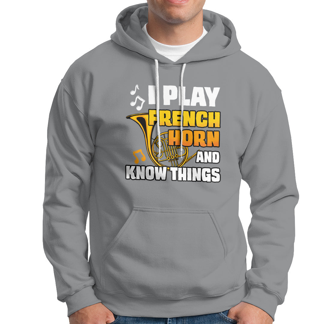 Men's sport gray hoodie with front French horn and 'Know Things' graphic.