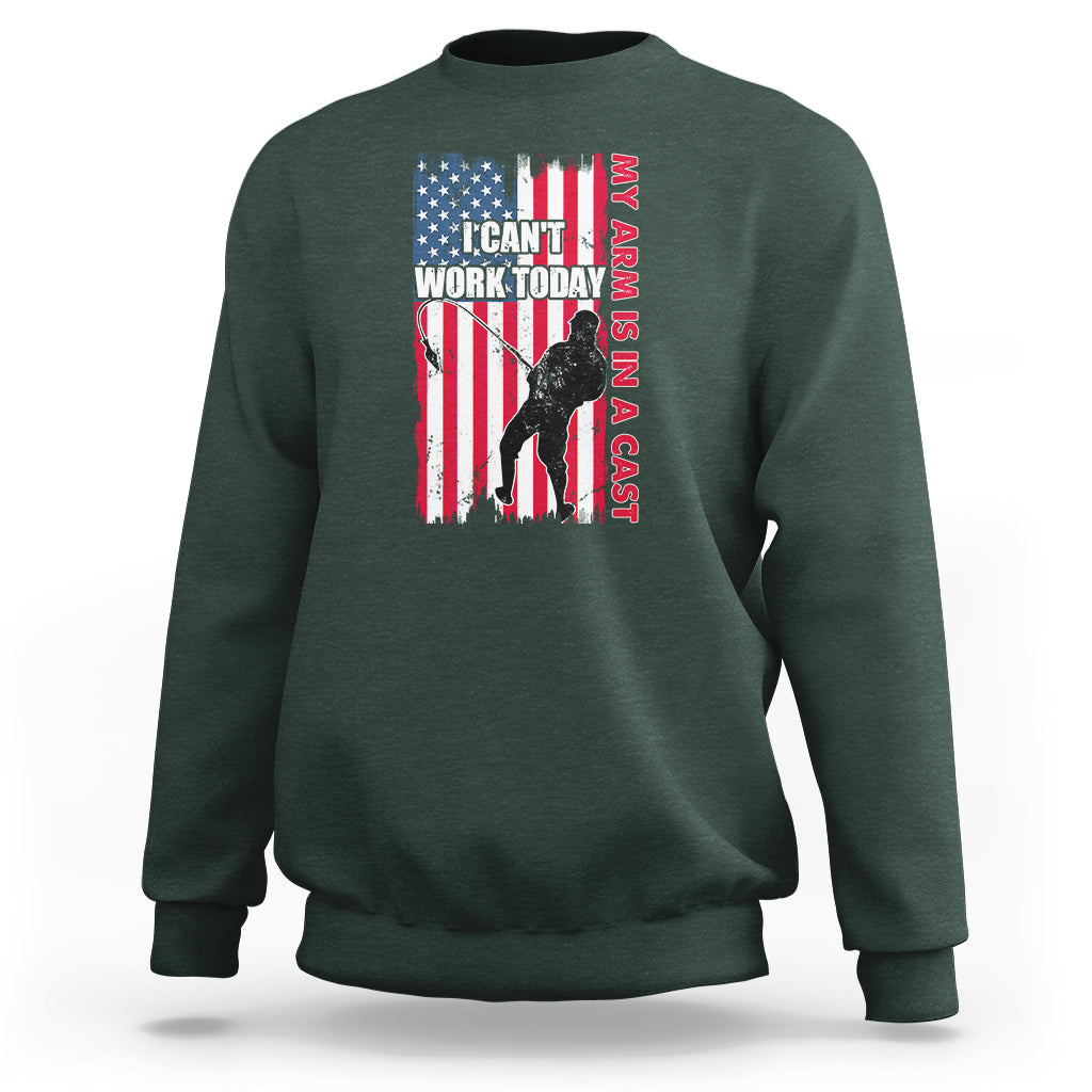 Dark forest green crewneck sweatshirt with patriotic graphic and text on chest, long sleeves