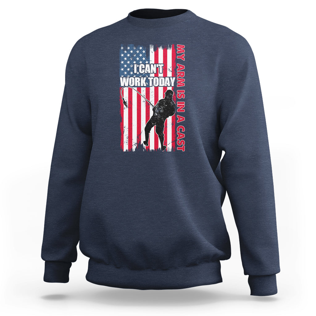 Navy crewneck sweatshirt with patriotic graphic and text on chest, long sleeves
