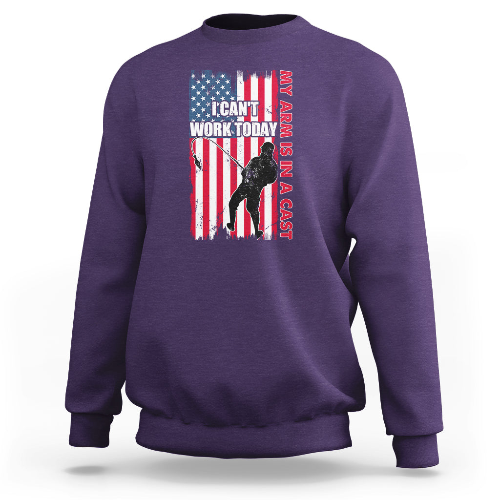 Purple crewneck sweatshirt with patriotic graphic and text on chest, long sleeves