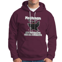 Maroon Mothman graphic hoodie with front pocket and hood, drawstring.