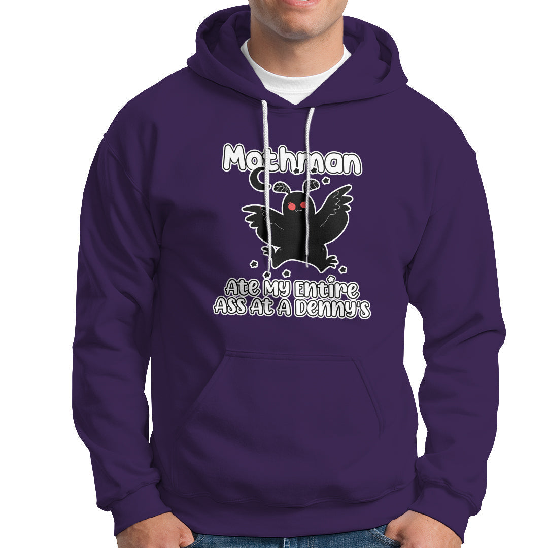 Purple Mothman graphic hoodie with front pocket and hood, drawstring.