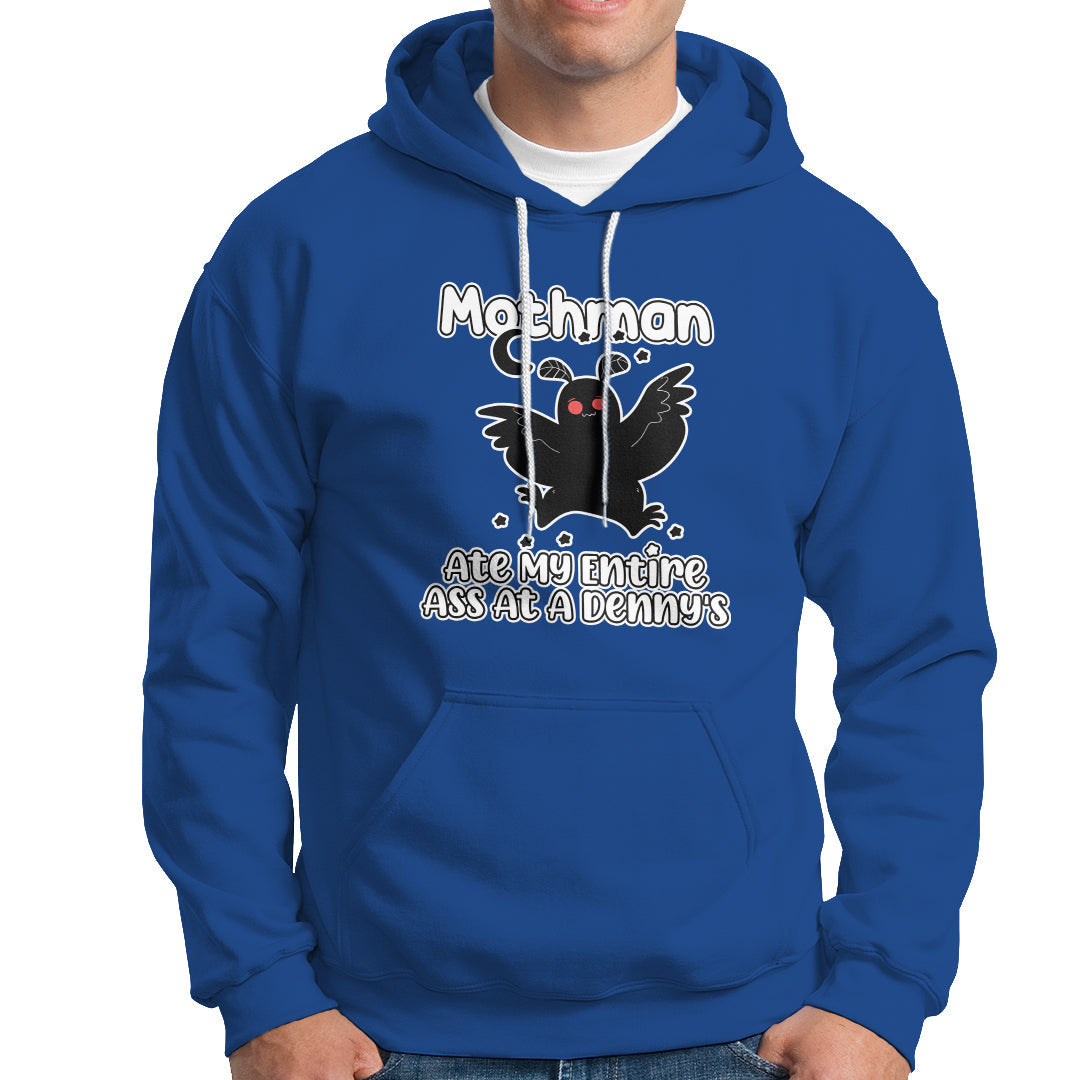 Royal blue Mothman graphic hoodie with front pocket and hood, drawstring.