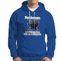 Royal blue Mothman graphic hoodie with front pocket and hood, drawstring.
