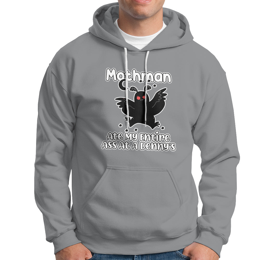 Sport gray Mothman graphic hoodie with front pocket and hood, drawstring.