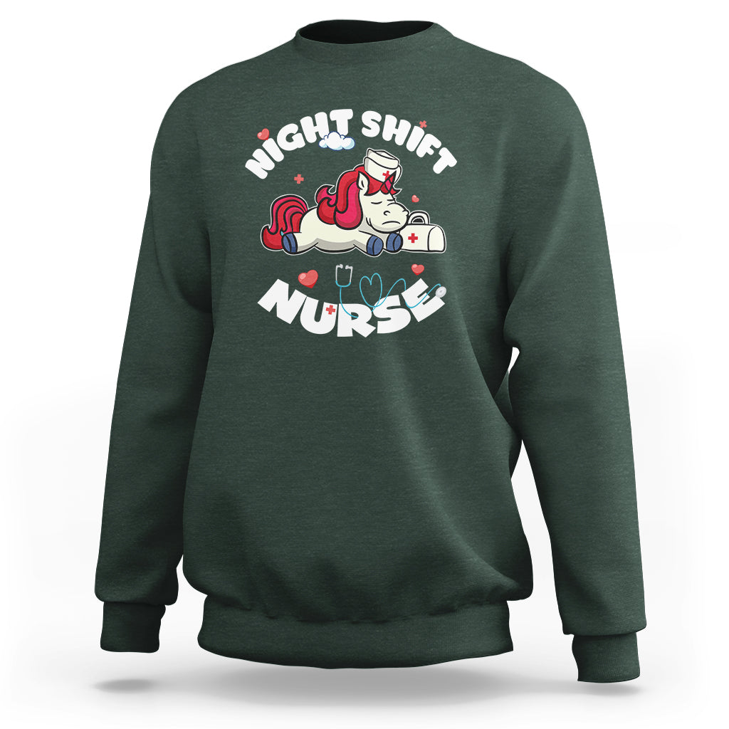 Funny Nurse Sweatshirt Night Shift Nurse with Cute Unicorn Stethoscope - Wonder Print Shop