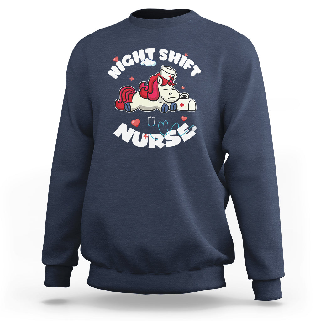 Funny Nurse Sweatshirt Night Shift Nurse with Cute Unicorn Stethoscope - Wonder Print Shop
