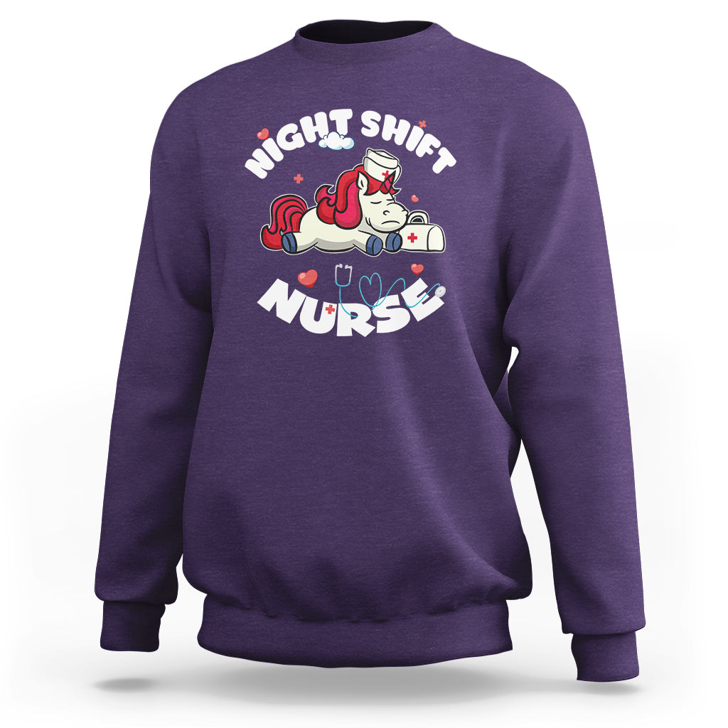 Funny Nurse Sweatshirt Night Shift Nurse with Cute Unicorn Stethoscope - Wonder Print Shop