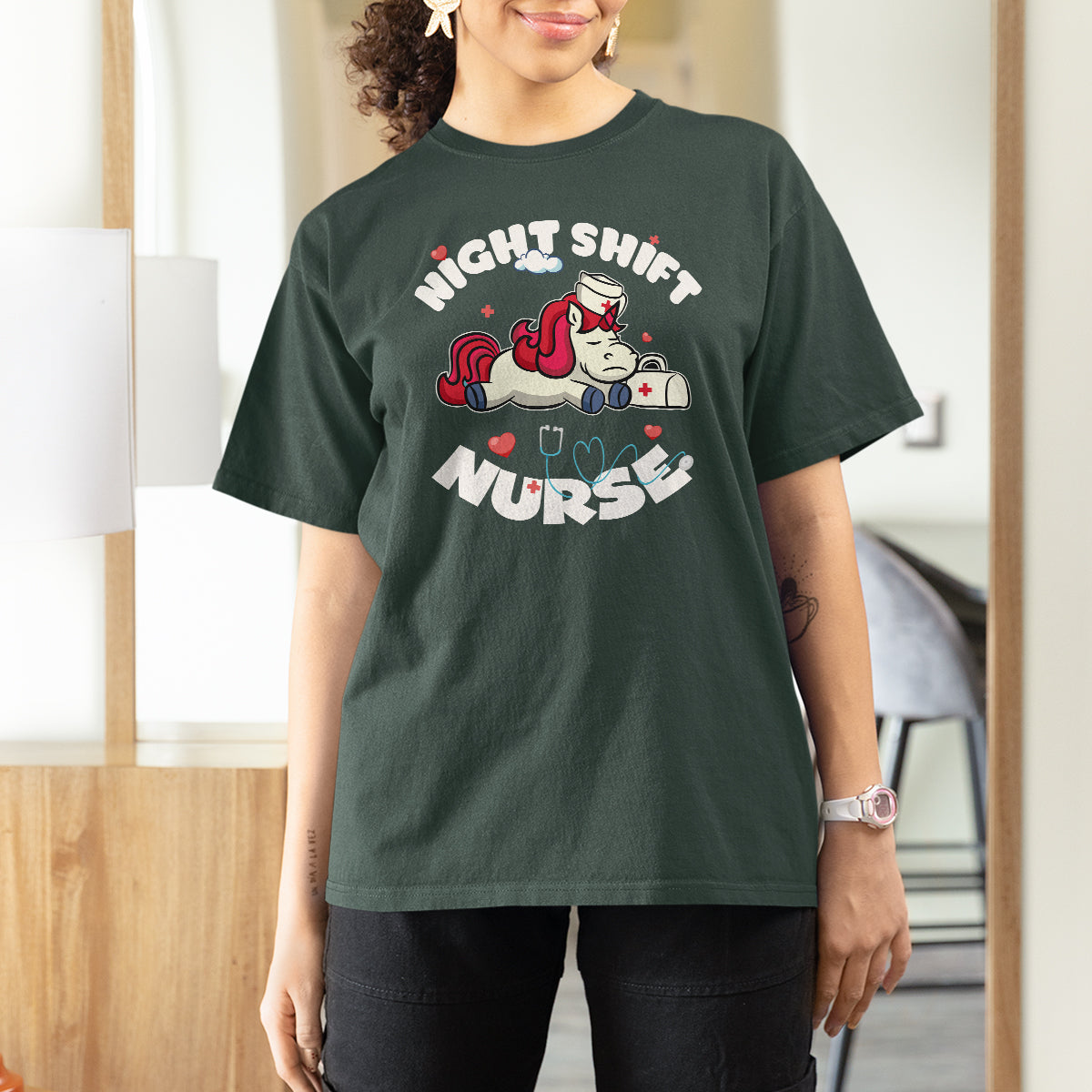 Funny Nurse T Shirt For Women Night Shift Nurse with Cute Unicorn Stethoscope - Wonder Print Shop