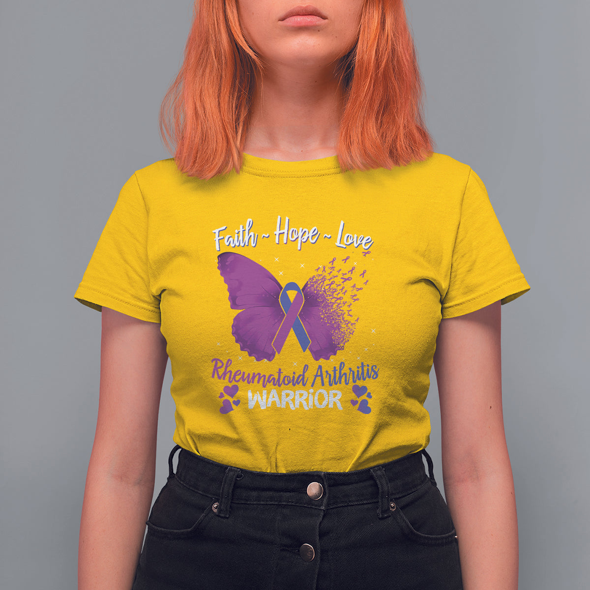 Women's daisy yellow T-shirt with purple ribbon and butterfly graphic, Faith Hope Love warrior text