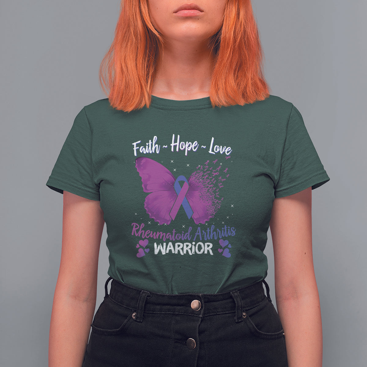 Women's dark forest green T-shirt with purple ribbon and butterfly graphic, Faith Hope Love warrior text