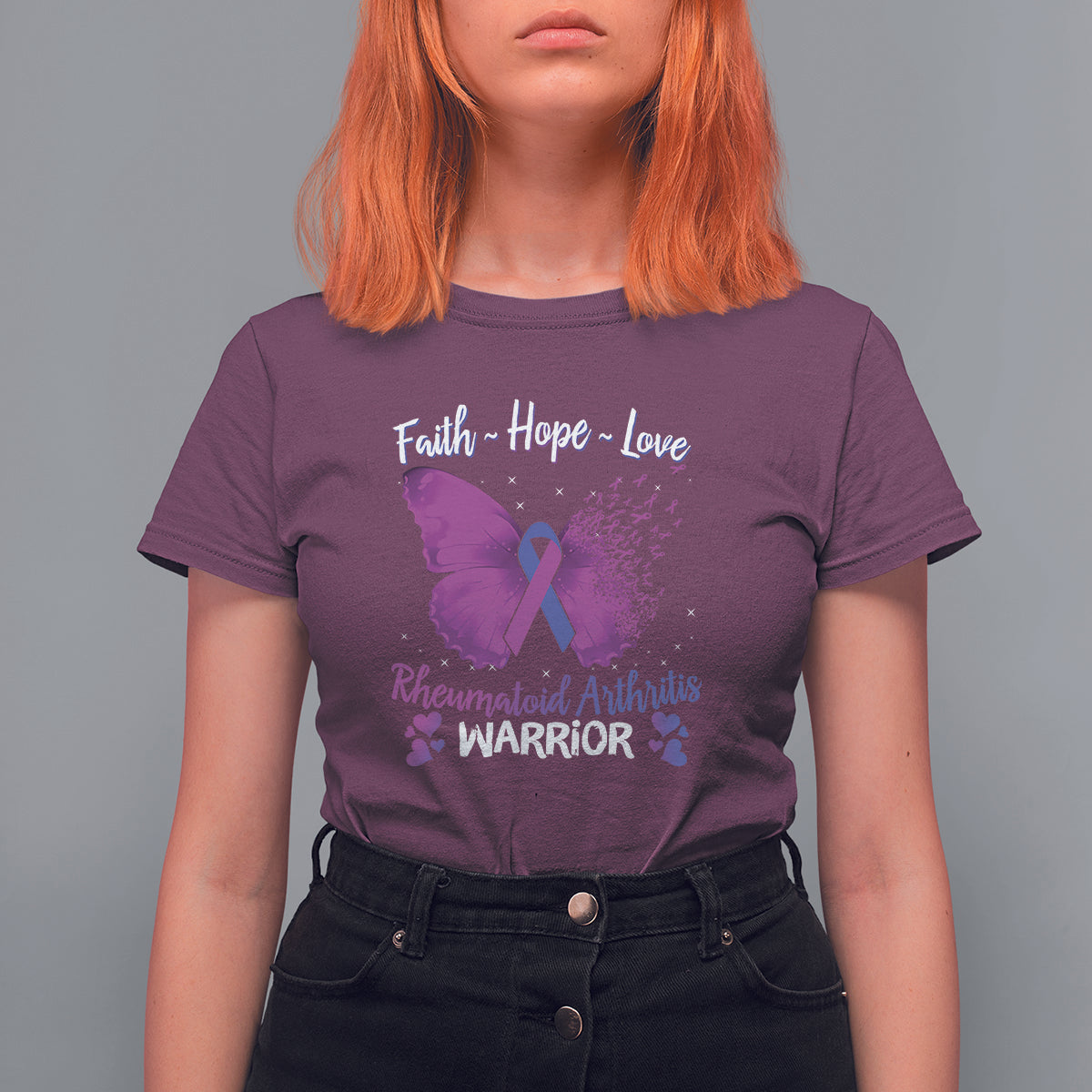 Women's maroon T-shirt with purple ribbon and butterfly graphic, Faith Hope Love warrior text