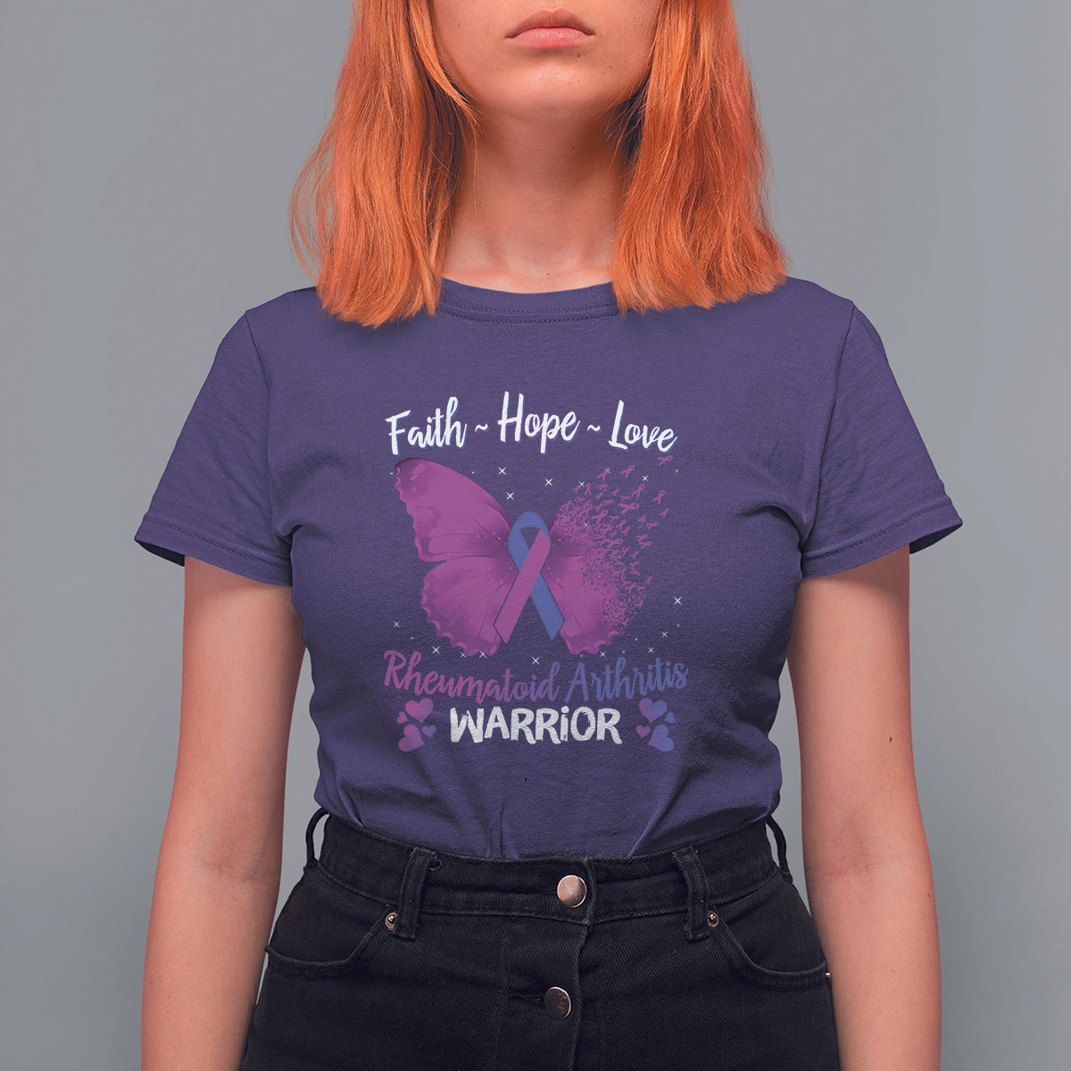 Women's purple T-shirt with purple ribbon and butterfly graphic, Faith Hope Love warrior text