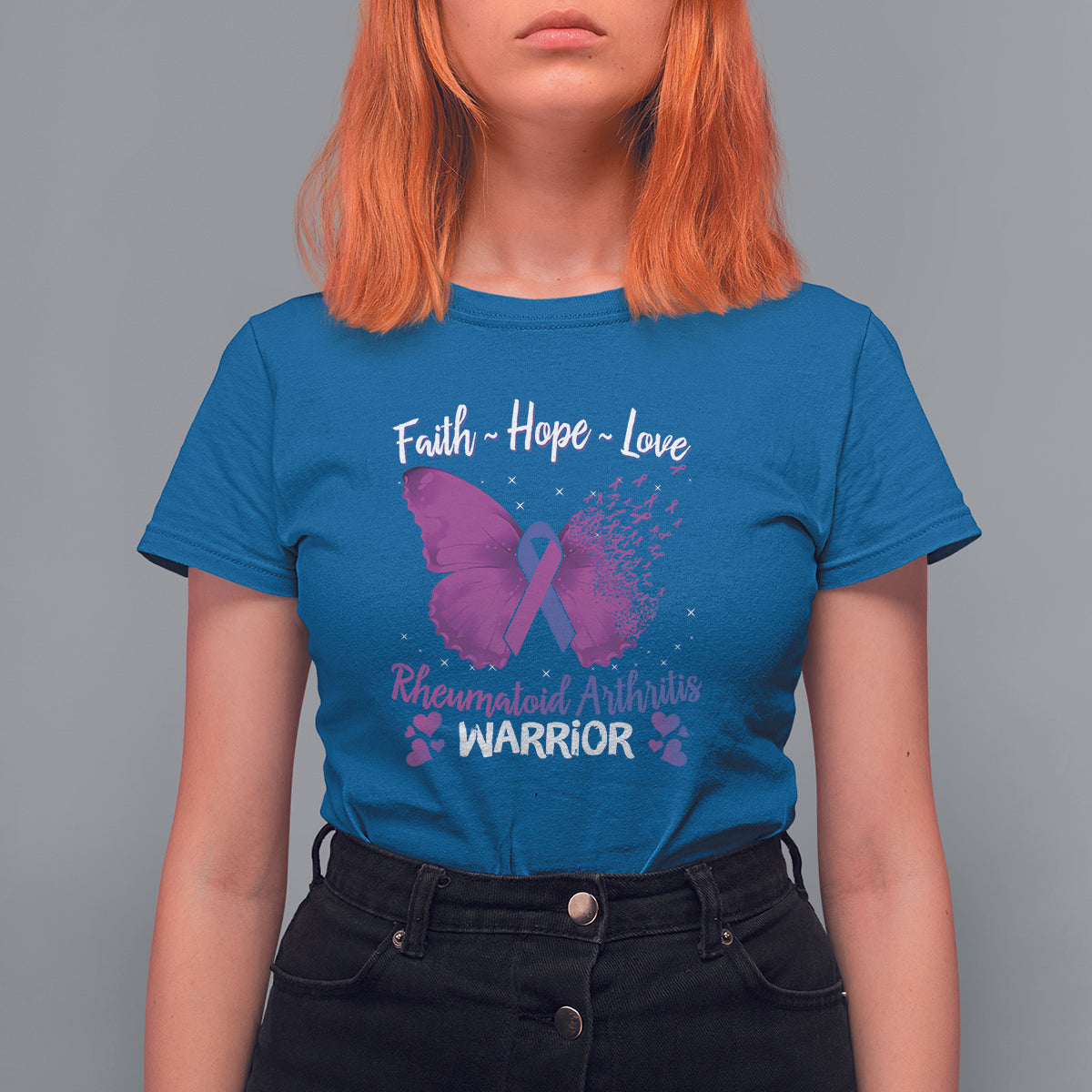 Women's royal blue T-shirt with purple ribbon and butterfly graphic, Faith Hope Love warrior text
