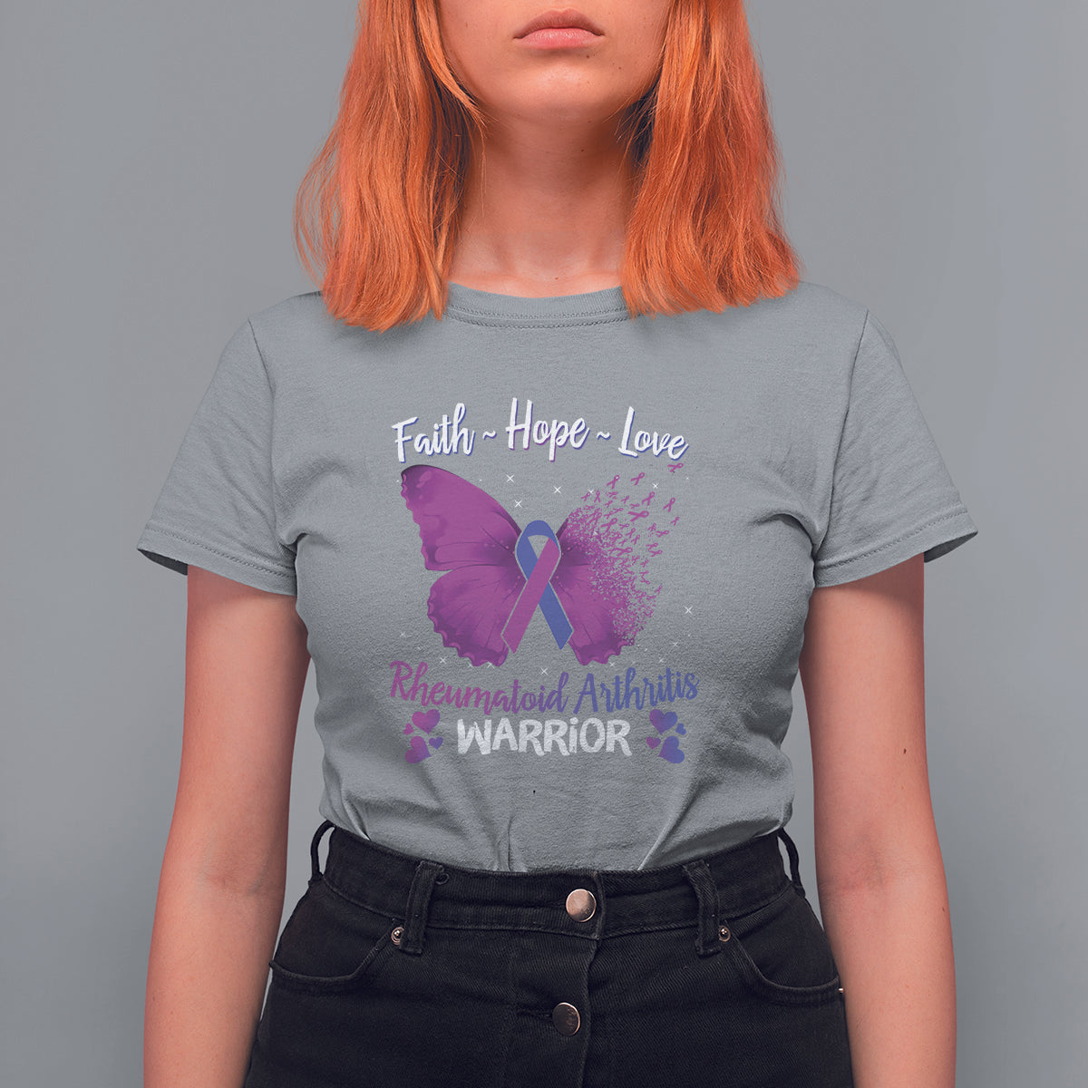 Women's sport gray T-shirt with purple ribbon and butterfly graphic, Faith Hope Love warrior text