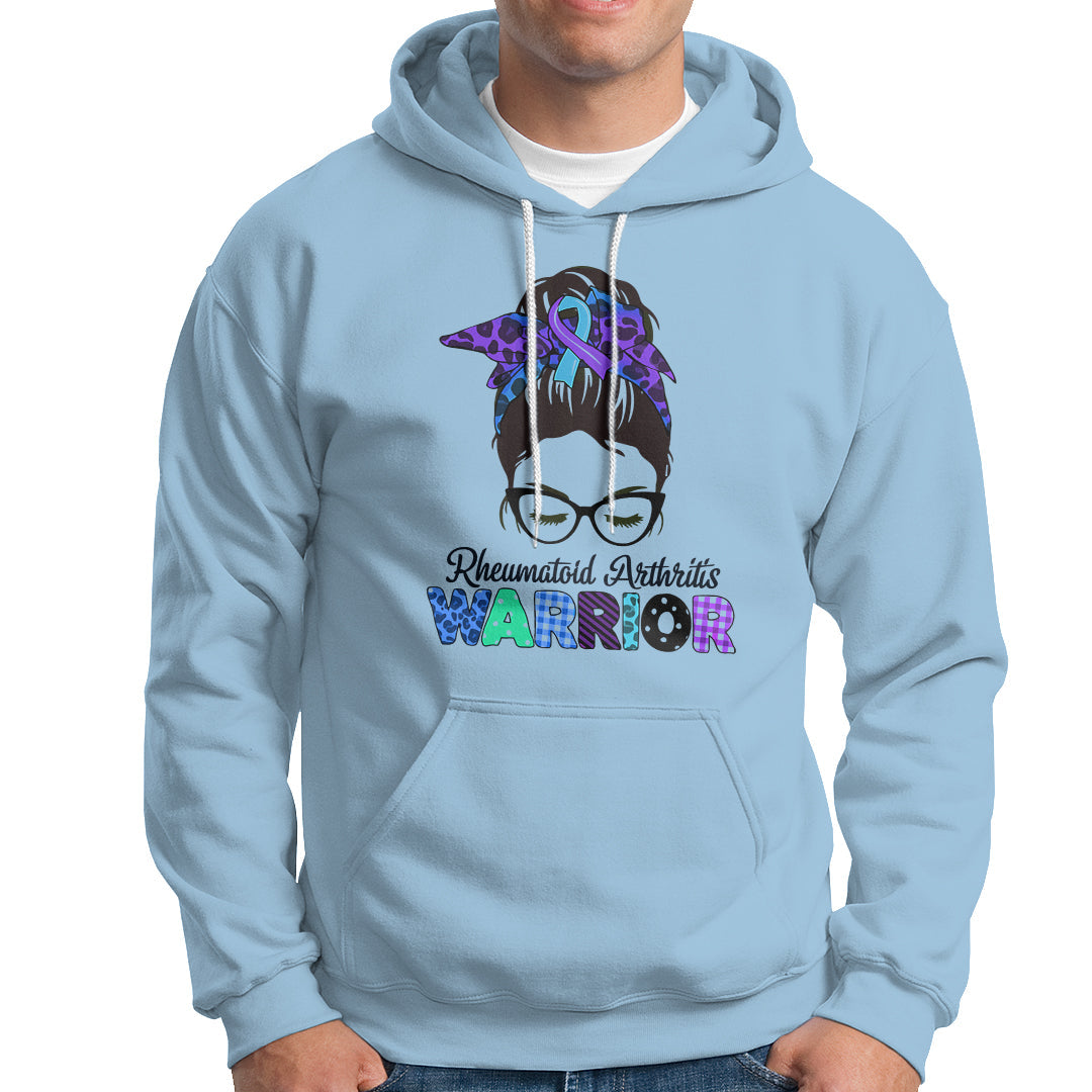Rheumatoid Arthritis Warrior Hoodie Messy Bun Blue Purple Ribbon - Wonder Print Shop