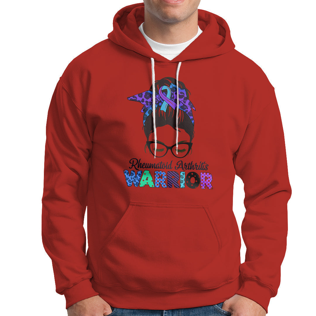 Rheumatoid Arthritis Warrior Hoodie Messy Bun Blue Purple Ribbon - Wonder Print Shop