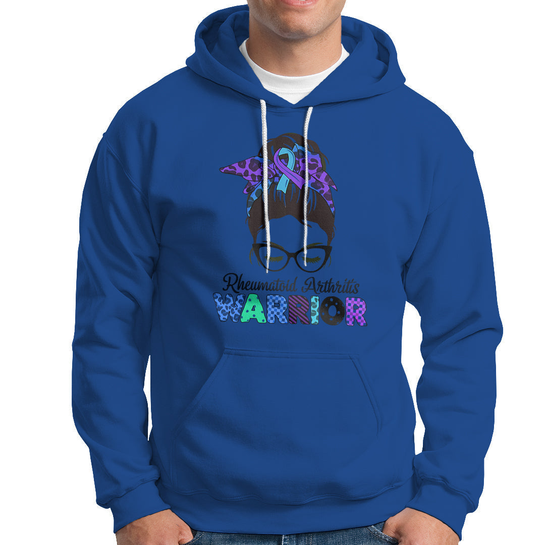 Rheumatoid Arthritis Warrior Hoodie Messy Bun Blue Purple Ribbon - Wonder Print Shop