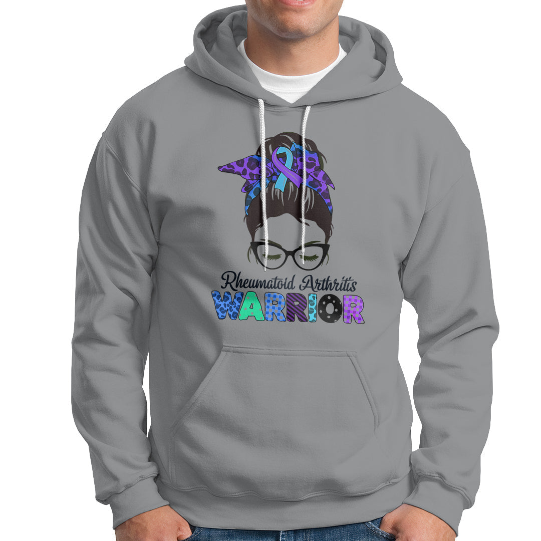 Rheumatoid Arthritis Warrior Hoodie Messy Bun Blue Purple Ribbon - Wonder Print Shop