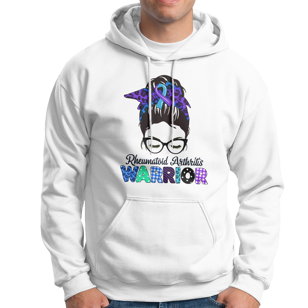 Rheumatoid Arthritis Warrior Hoodie Messy Bun Blue Purple Ribbon - Wonder Print Shop