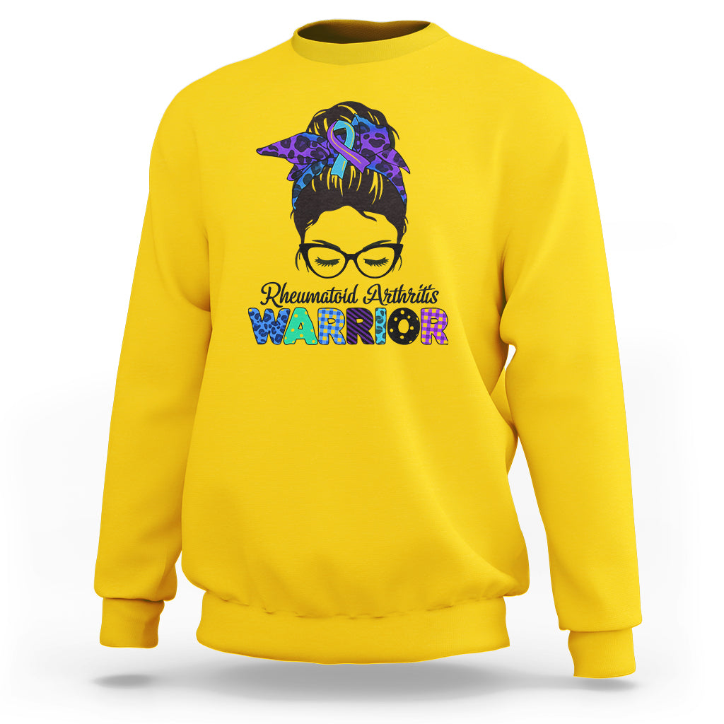 Rheumatoid Arthritis Warrior Sweatshirt Messy Bun Blue Purple Ribbon - Wonder Print Shop