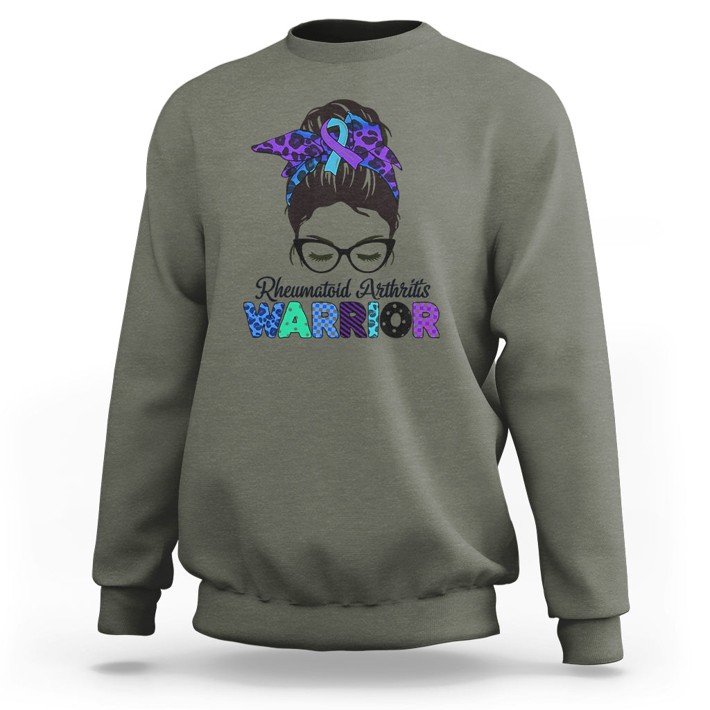 Rheumatoid Arthritis Warrior Sweatshirt Messy Bun Blue Purple Ribbon - Wonder Print Shop